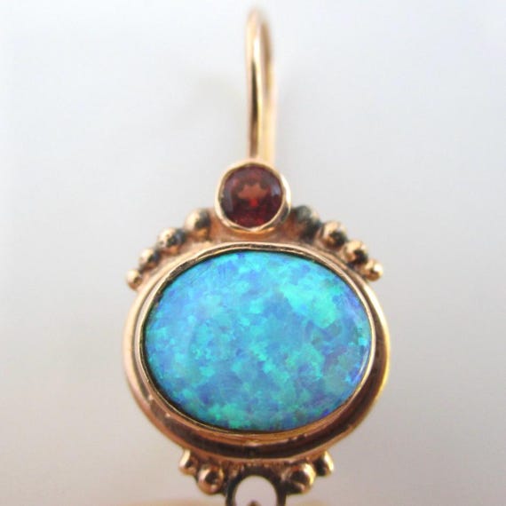 14K Solid Gold Opal Pierced Earrings - Vintage Ro… - image 9