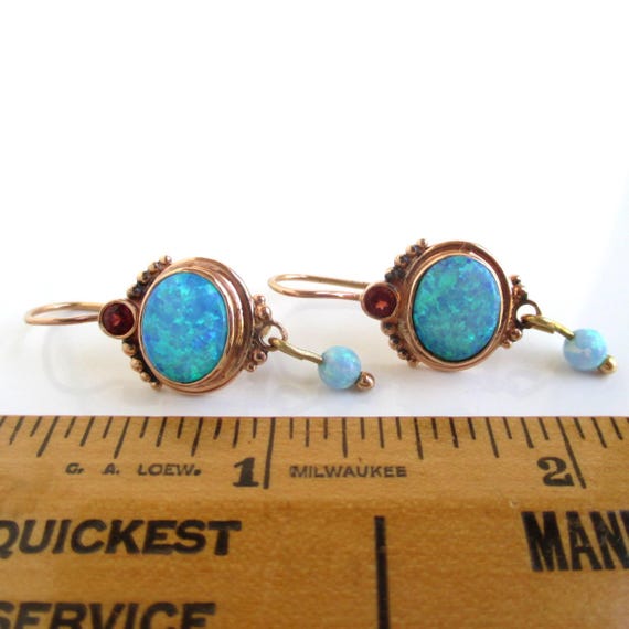 14K Solid Gold Opal Pierced Earrings - Vintage Ro… - image 2