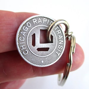 CHICAGO Transit Token Keychain - Repurposed Vintage 1940&#39;s Large Size &quot;L&quot; Rapid Transit Silver Tone Coin Key Chain / Fob