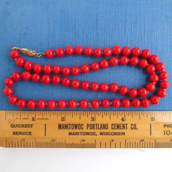 Marbled Red Stone Necklace - Vintage, Polished Round Ball Beads w/ Filigree Clasp - 22 3/4" Long (Hand Knotted - Some Wear)