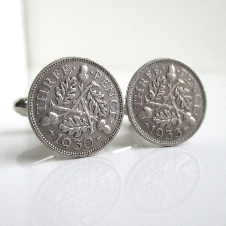 Great Britain .500 Silver Coin Cuff Links 1930/'s Three Pence Repurposed Coins Vintage UK