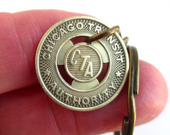 Chicago CTA Token Keychain - Repurposed Vintage Transit Token / Gold Tone Coin Key Chain Fob