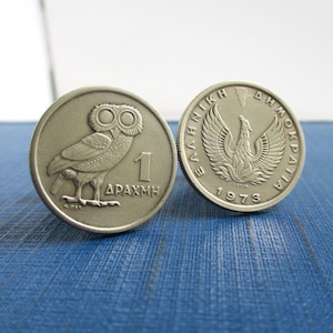 GREECE Coin Cuff Links - Repurposed Vintage Greek 1 Drachma Owl & Firebird Coins