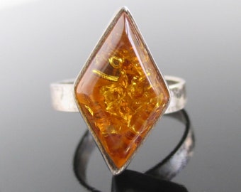 Sterling Silver & Amber Style Ring - Vintage Mexico, Adjustable Size (Extremely Dark Unpolished)