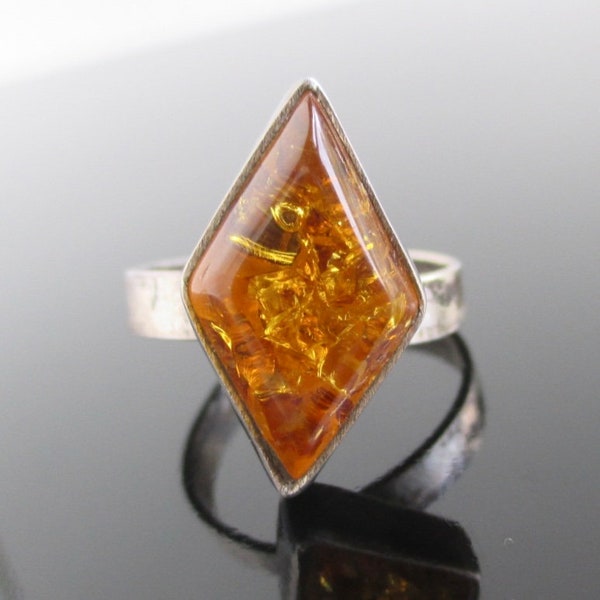 Sterling Silver & Amber Style Ring - Vintage Mexico, Adjustable Size (Extremely Dark Unpolished)