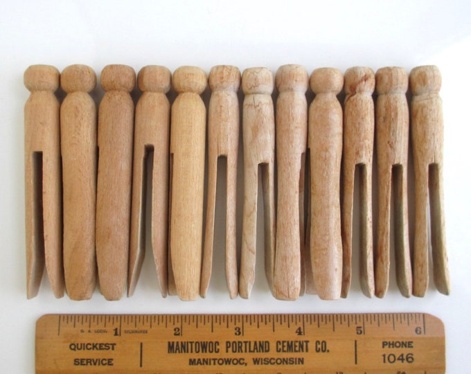 12 Round Wooden Clothes Pins Vintage Weathered 3 3/4 Etsy