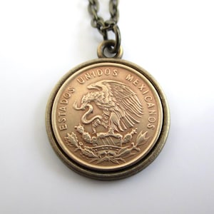 MEXICO Coin Pendant Necklace - Repurposed Vintage Mexican Gold Tone 1 Centavo Coin (Darkness)