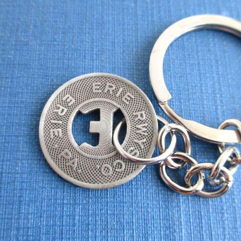 Erie PA Transit Token Keychain Repurposed Vintage Silver Tone Coin Key Chain Fob