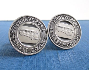 SHREVEPORT Transit Token Cuff Links - Repurposed Vintage 1960's Silver Tone Coins