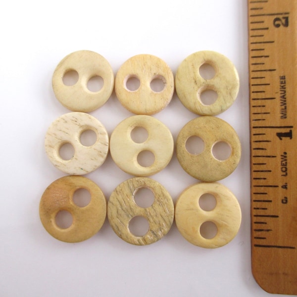 9 Antique Bone Buttons - Vintage Two Hole Eye Shape, 14-15mm (9/16") Diameter Size
