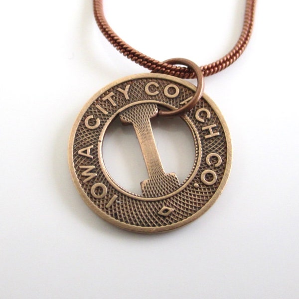 IOWA CITY Transit Token Pendant Necklace  - Repurposed Vintage Coin (Choose 1920's Silver Tone or 1950's Solid Bronze)