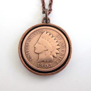 1903 Indian Head Penny Necklace - Antique Indianhead USA 1c Coin in Copper Tone Setting (Choose 18&quot; or 20&quot; Chain)