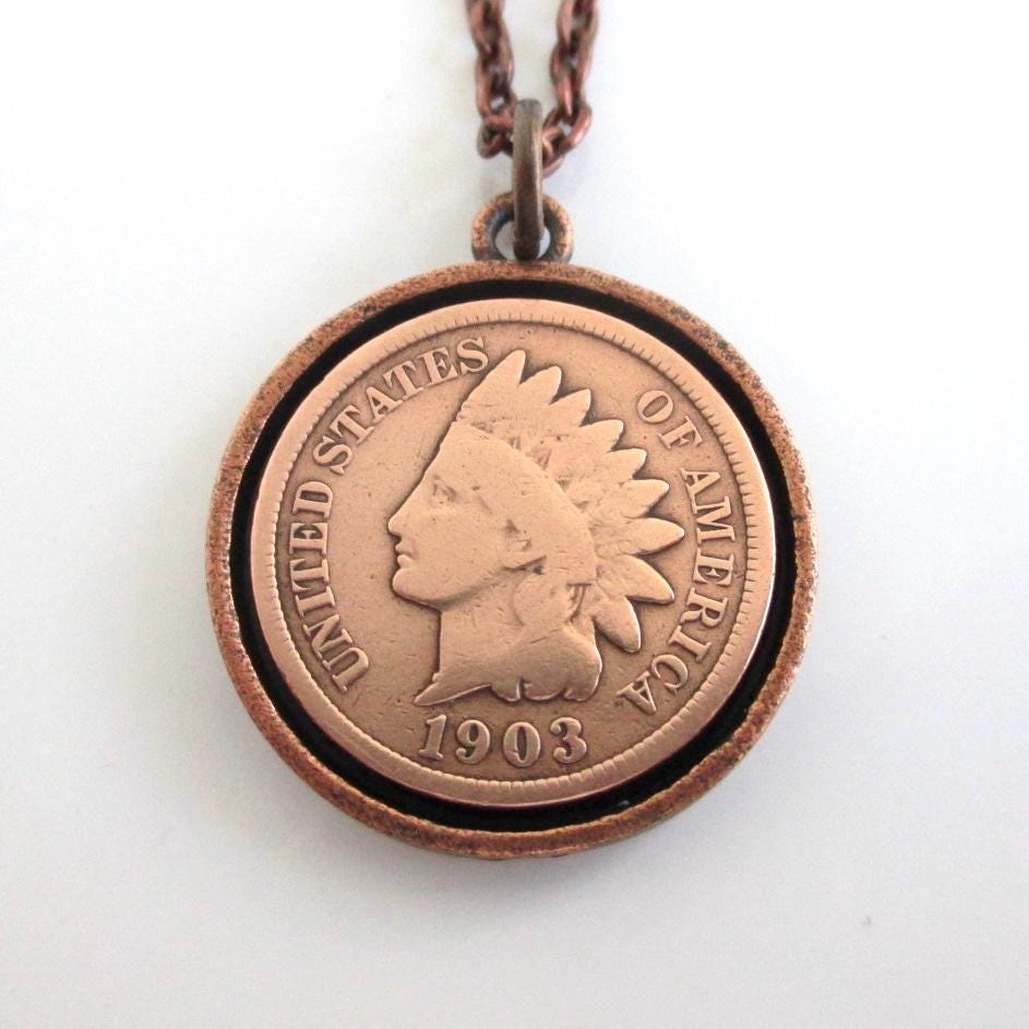 1903 Indian Head Penny Necklace - Antique Indianhead USA 1c Coin in Copper Tone Setting (Choose 18" or 20" Chain)