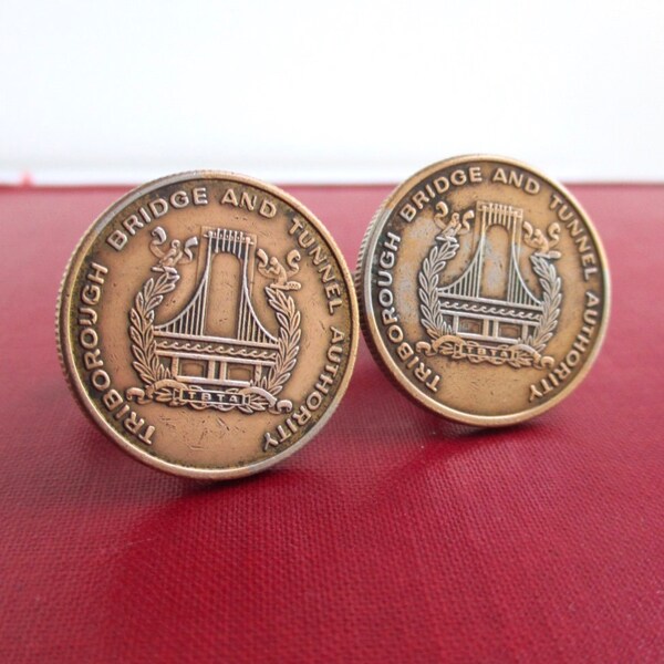 NYC Triborough Bridge & Tunnel Authority Coin Cuff Links - Repurposed Vintage Gold Tone Transit Tokens