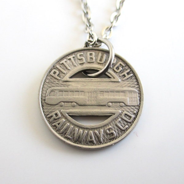 PITTSBURGH Railway Token Pendant Necklace - Repurposed Vintage Transit Token / 1940's Silver Tone Coin