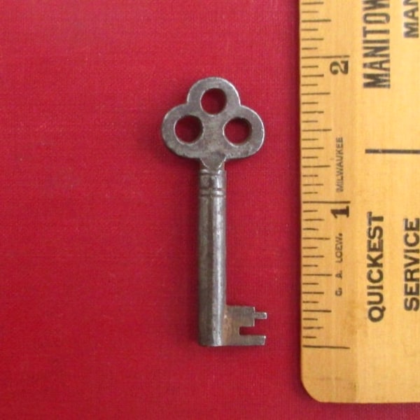 Antique Skeleton Key w/ Unusual Bow Design & Long Hollow Barrel - Vintage, Dark Patina 1 7/8"