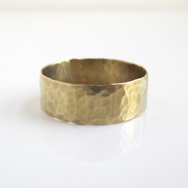 Hand Hammered Solid Brass Band / Gold Ring - 6.5mm Wide & Thinner Gauge, Size 8.75