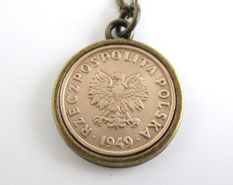 1949 Poland Coin Pendant Necklace - Repurposed Vintage Gold Tone Polska Coin