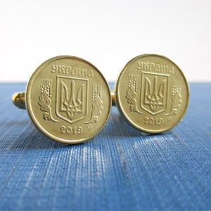 Ukraine Coin Cuff Links - Repurposed Ukrainian Gold Tone 10 Kopiyka Uncirculated Coins