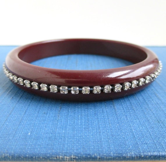 Bakelite Bangle Bracelet w/ Rhinestones - Vintage… - image 1