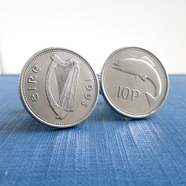 IRELAND Coin Cuff Links - Repurposed Vintage Silver Tone Irish Eire Large Size 10P Coins, Salmon Fish
