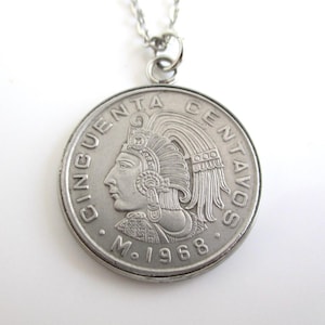 MEXICO Coin Pendant Necklace - Repurposed Vintage Big Mexican Cincuenta Centavos 1960&#39;s Silver Tone Coin w/ Aztec Warrior Design