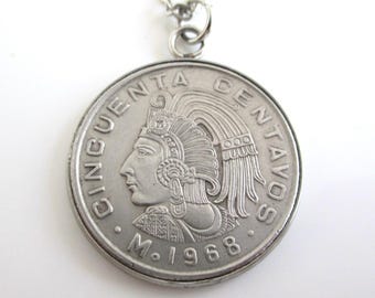 MEXICO Coin Pendant Necklace - Repurposed Vintage Big Mexican Cincuenta Centavos 1960's Silver Tone Coin w/ Aztec Warrior Design