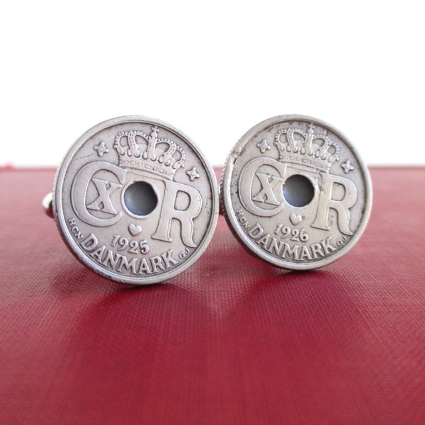 DENMARK Coin Cuff Links - Repurposed Vintage 1920's Danmark 10 Ore Crown Silver Tone Coins