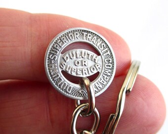 Duluth, MN Transit Token Keychain - Repurposed Vintage 1940's Silver Tone Coin Key Chain / Fob