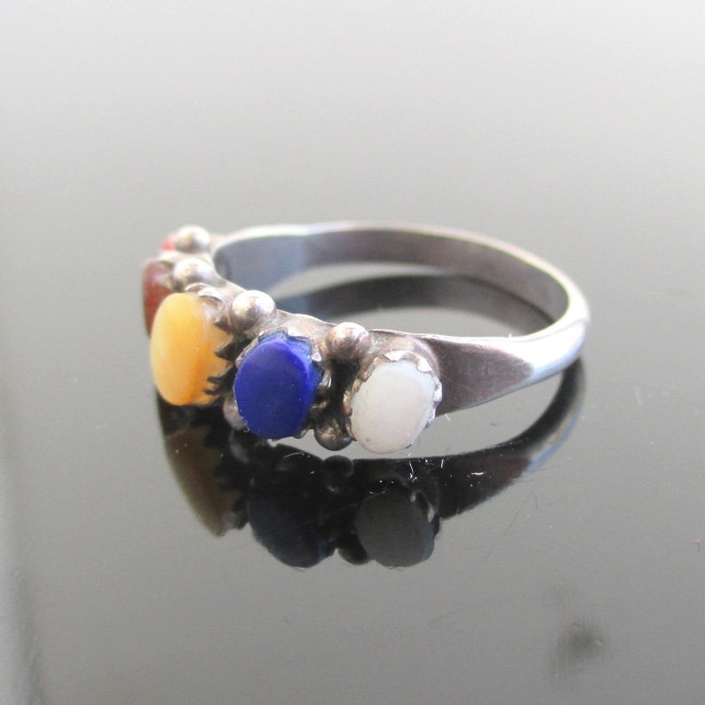 Sterling Silver Band Ring w Colorful Multi Stone Inlay Size 6 12 Vintage Southwest Worn