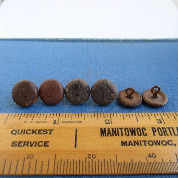 6 Antique Shoe Buttons - Vintage, Larger Brown w/ Metal Shanks (About 14mm) - 3 Pairs