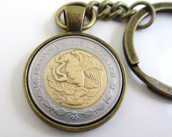 MEXICO Coin Key Chain - Repurposed Vintage Mexican Larger 2 Peso Bi-Metal Coin Key Chain / Fob