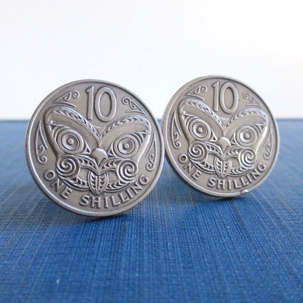 NEW ZEALAND Maori Mask Coin Cuff Links - Repurposed Vintage Silver Tone One Shilling Coins