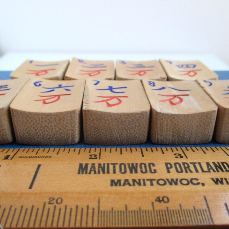 9 Mah Jong Tiles - Vintage / Antique Bamboo Ma Jiang / Mahjong Wan Chinese Character Tiles afbeelding 2