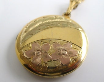 12K Gold Filled Photo Locket Necklace - Vintage, Etched Yellow & Rose Gold Flower Design w/ 20" 14K Gold Filled Chain (7/8" Picture Area)