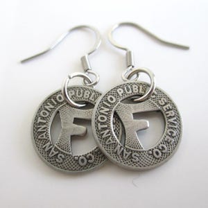 San Antonio, TX Transit Token Pierced earrings - Repurposed Vintage 1920&#39;s Silver Tone Dangling Coins
