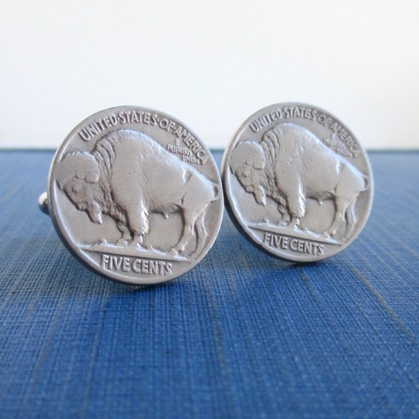 Buffalo Nickel Cuff Links - Repurposed Vintage USA Coins - Nice Details (Lightly Polished)