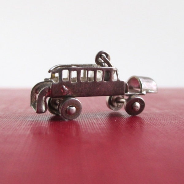 3D Firetruck Sterling Silver Charm / Pendant - Vintage Classic Fire Engine w/ Moveable Wheel