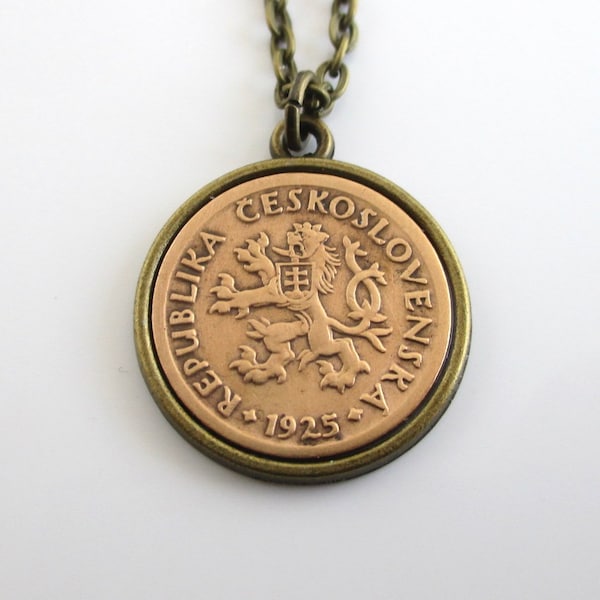 Czechoslovakia Coin Necklace - Repurposed 1920's Solid Bronze Coin, Vintage Czech