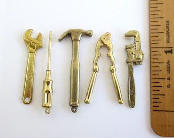 Intercast 5 Piece Miniature Tool Charm Set - Vintage, Gold Tone (Sold in Sets of 5)