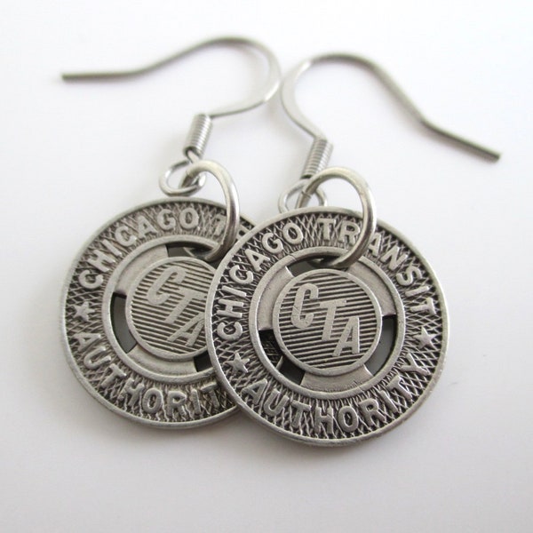 Chicago CTA Token Earrings - Repurposed Vintage Transit Token / Coins Pierced Dangling Earrings