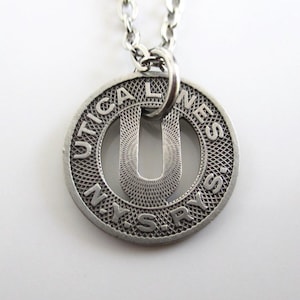 Utica NY Railway Token Pendant Necklace - Repurposed Vintage Silver Tone Coin (Choose 5/8" or 7/8" Transit Token Version)