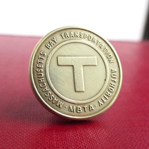 Boston &quot;T&quot; Tie Tack / Lapel Pin - Repurposed Vintage Transit Token / Gold Tone Coin