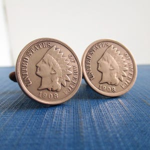 1908 Indian Head Penny Cuff Links - Repurposed Antique USA Indianhead Coins (Polished Version)