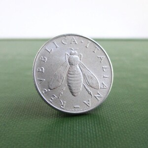ITALY Coin Tie Tack / Lapel Pin - Repurposed Vintage 1950's Italia 2 Lira Silver Tone Uncirculated Coin