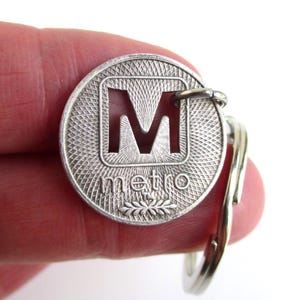 May include: A circular silver-toned metal keychain featuring a cutout letter M inside a square frame. The surface has a textured cross-hatched pattern with the word metro and a small leaf-like design embossed below the letter M. A metal ring is attached.