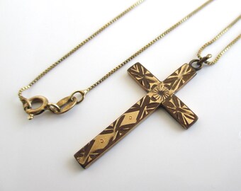 Antique 12K Gold Filled Cross Pendant w/ 18" Sterling Silver Chain (Gold Finish on Chain) - Vintage, Hand Etched Design