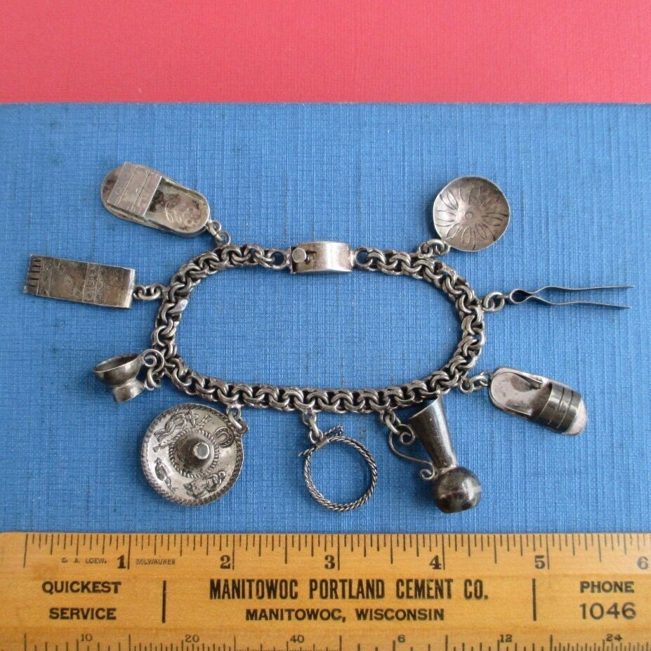 Sterling Silver Mexico 9 Charm Bracelet - Vintage 3D, 7 3/4" Long & Heavy (Dark Unpolished) 35.1 grams
