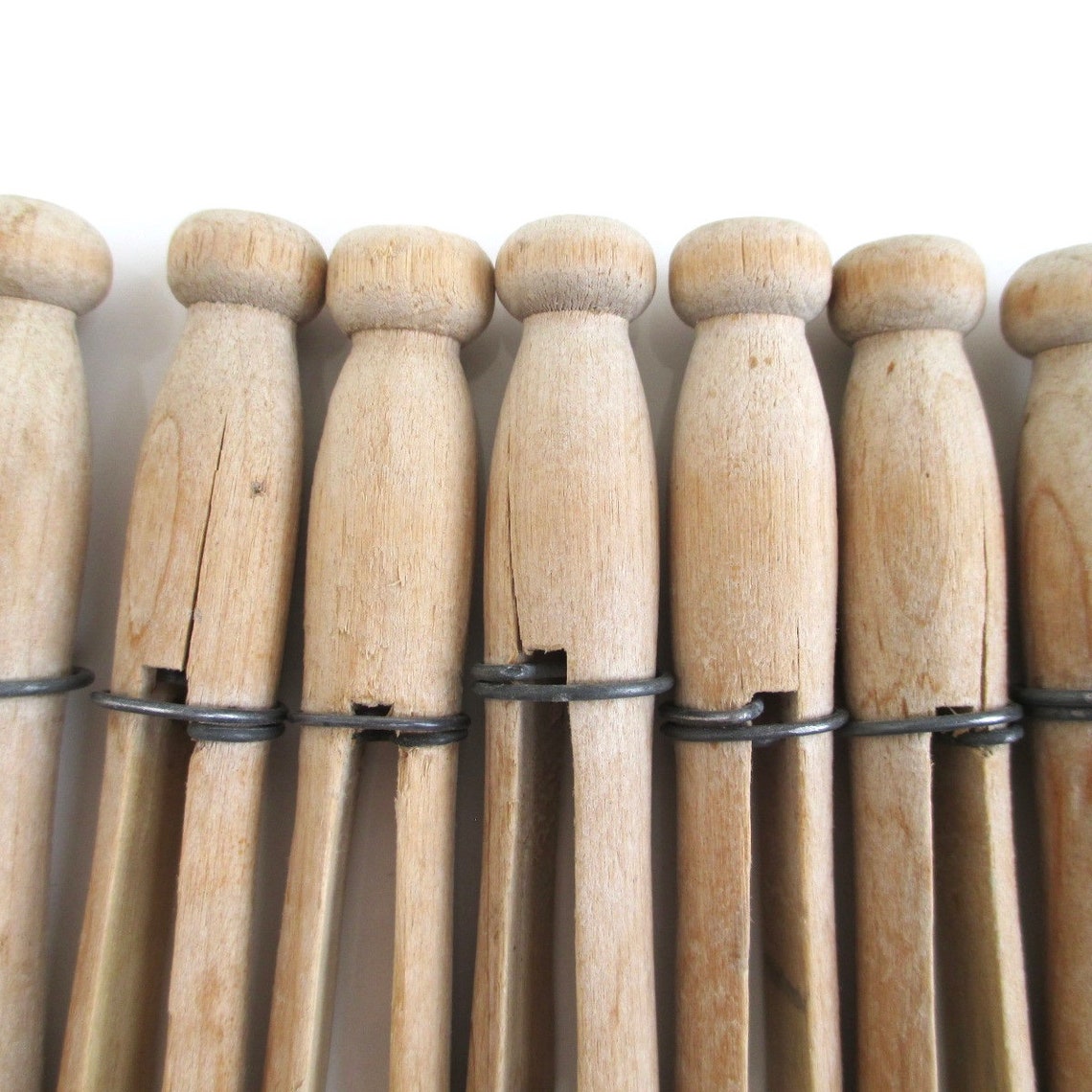 10 Round Wooden Clothes Pins W/ Metal Wire Bands Vintage Etsy