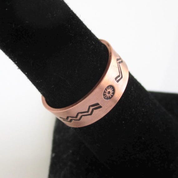 Solid Copper Southwest Band Ring w/ Arrow and Inc… - image 3
